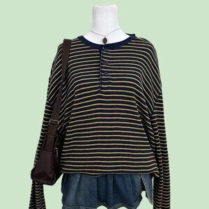 navy and yellow striped henley thermal long sleeve
